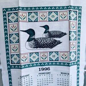 Vintage 1996 Stevens Linen Calendar Towel Loons Bird Wall Hanging Made in USA